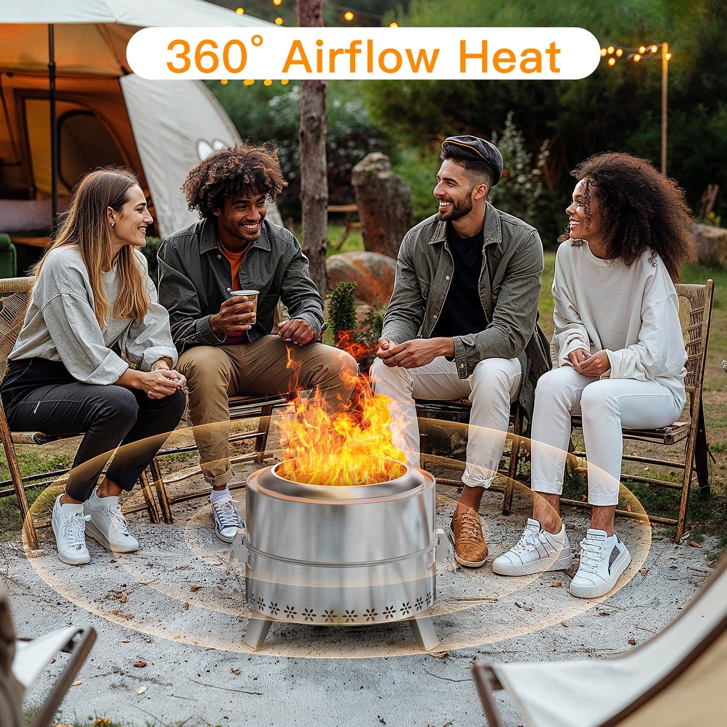 19" Smokeless Fire Pit for Outside, Stainless Steel Wood Burning Fire Pit with Foldable Legs, Grill, Poker, Carry Bag
