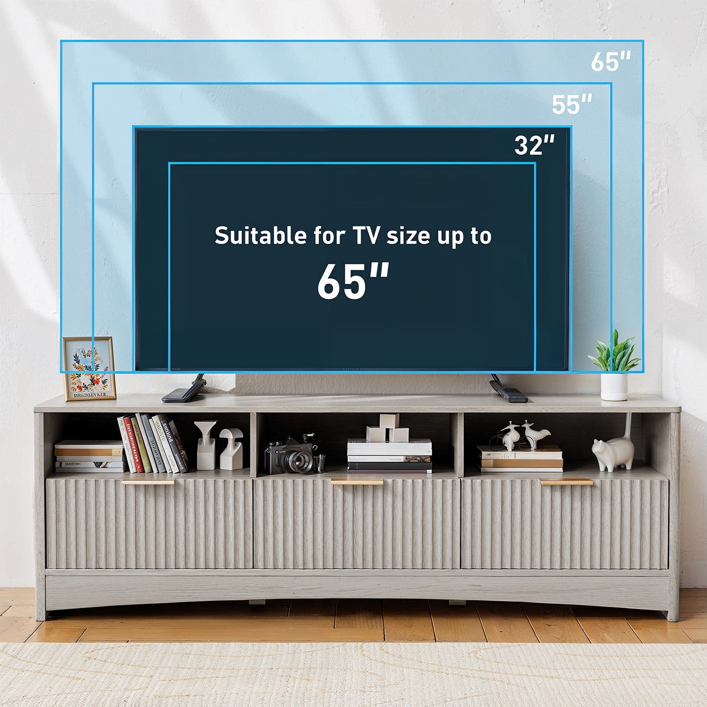 CHITOOMA Modern TV Stand for TVs up to 65", Fluted Media Console with Open Shelves & Hidden Storage Cabinet, Entertainment Center for Living Room, Gray