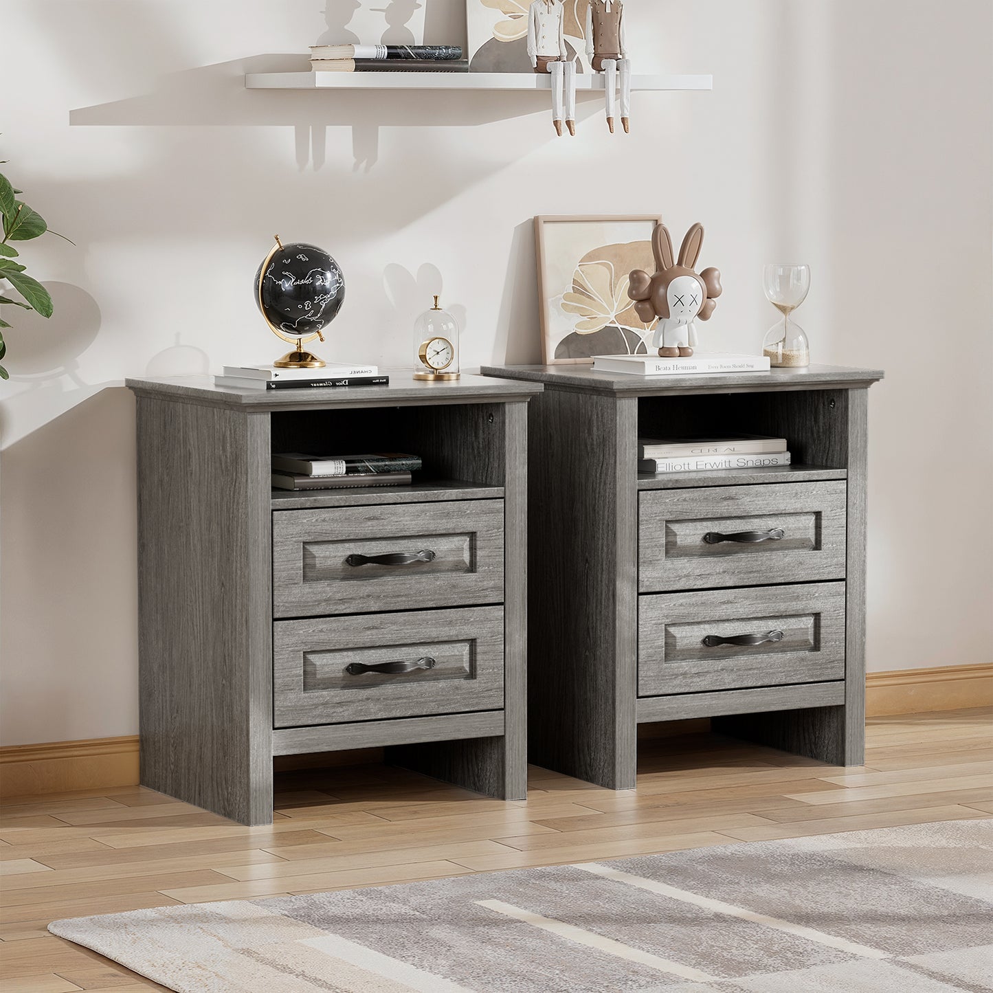 CHITOOMA 2-Drawer Nightstand with Charging Station, Wood Bedside Table with Open Shelf, Small End Table for Bedroom Living Room, Gray