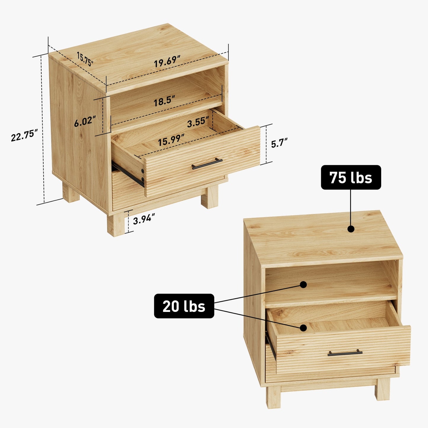 CHITOOMA 2-Drawer Nightstand with Open Shelf, Wood Fluted Bedside Table with Storage, Small End Table for Bedroom Living Room, Natural