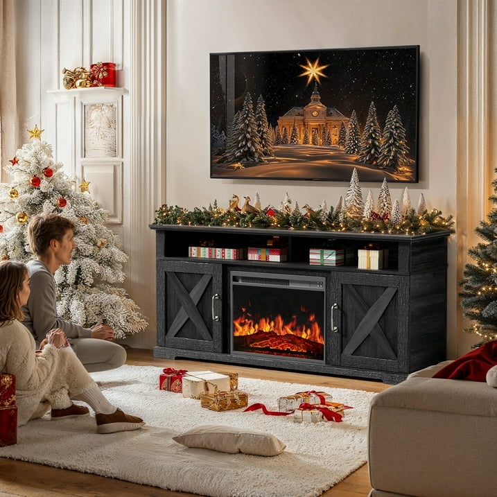 Fireplace TV Stand with Fireplace for 75 inch TV Farmhouse Entertainment Center with Storage, Black