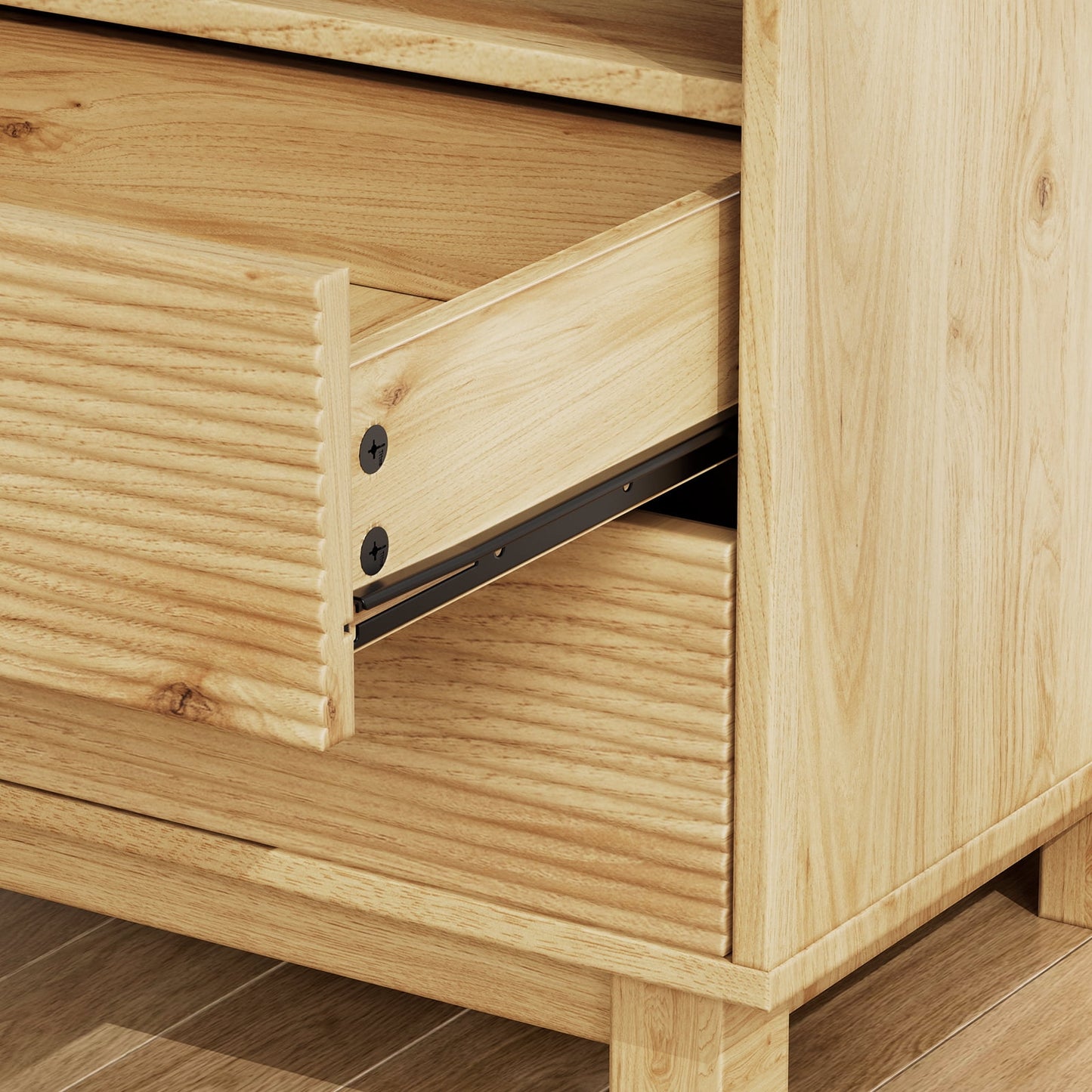 CHITOOMA 2-Drawer Nightstand with Open Shelf, Wood Fluted Bedside Table with Storage, Small End Table for Bedroom Living Room, Natural