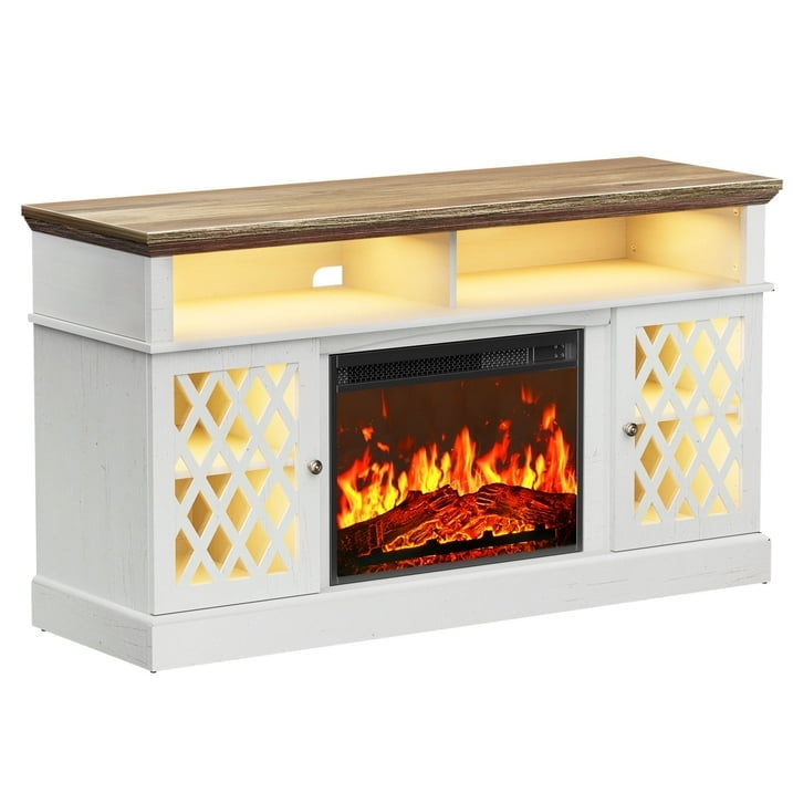 Farmhouse Fireplace TV Stand for 75 inch with LED Light, Adjustable Storage Shelves, Glass Doors, Media Entertainment Center with Fireplace for Living Room, Bedroom, White