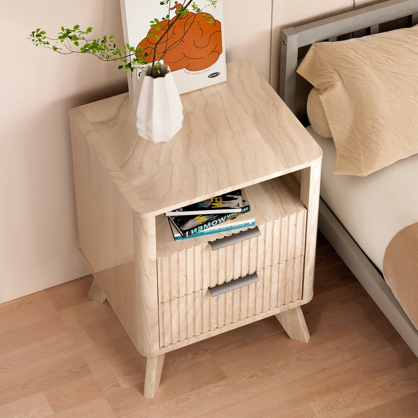CHITOOMA 2-Drawer Nightstand with Open Shelf, Wood Fluted Bedside Table with Storage, Small End Table for Bedroom Living Room, Natural