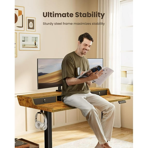 CHITOOMA Electric Standing Desk with Drawers, 48″ x 24″ Height Adjustable Stand up Desk with Storage Shelf, Gaming Desk Compatible Monitor Stand, 4 Preset Heights for Home Office, Brown