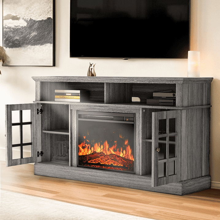 CHITOOMA 1400W Electric Fireplace TV Stand TV Console with 23″ Fireplace for up to 75 inch TVs with Adjustable Shelves,Grey