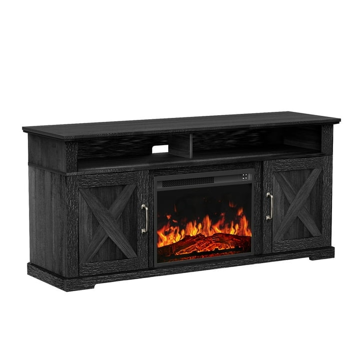 Fireplace TV Stand with Fireplace for 75 inch TV Farmhouse Entertainment Center with Storage, Black