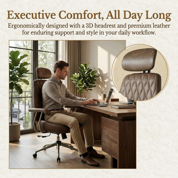 BESTERGO High Back Ergonomic Office Chair with Lumbar Support, Adjustable Swivel Desk Chair in Premium Faux Leather for Home Office Comfort, Brown – 300 lbs Capacity