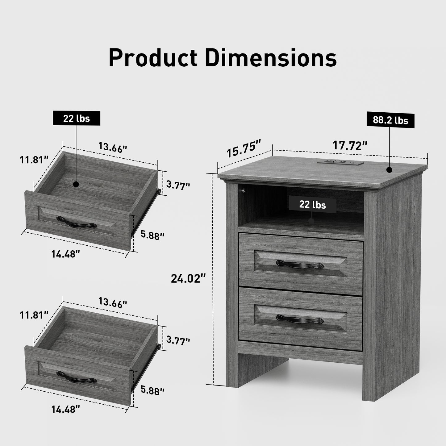 CHITOOMA 2-Drawer Nightstand with Charging Station, Wood Bedside Table with Open Shelf, Small End Table for Bedroom Living Room, Gray