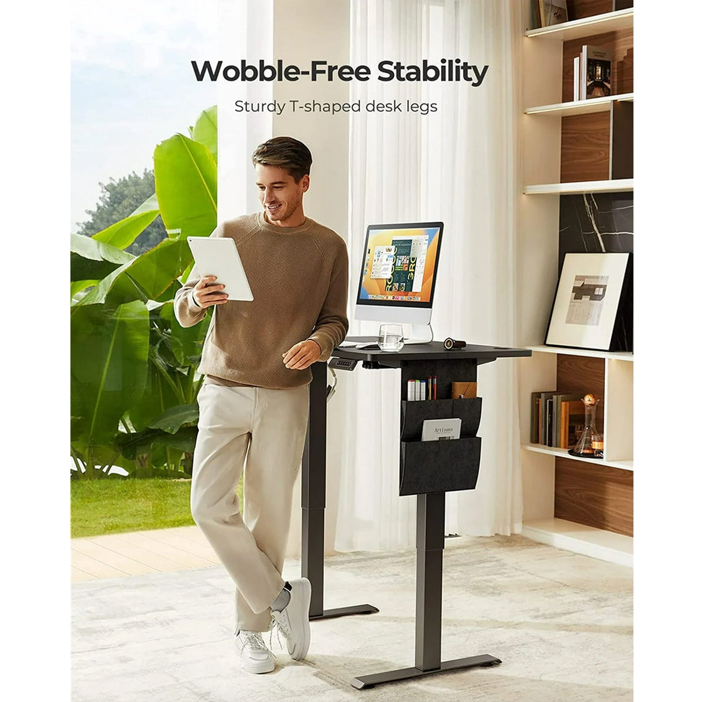CHITOOMA 55" x 24" Electric Standing Desk with Storage Bag, Adjustable Height Sit to Stand Desk with 4 Memory Pre-Set, Headphone Hook for Home Office, Black