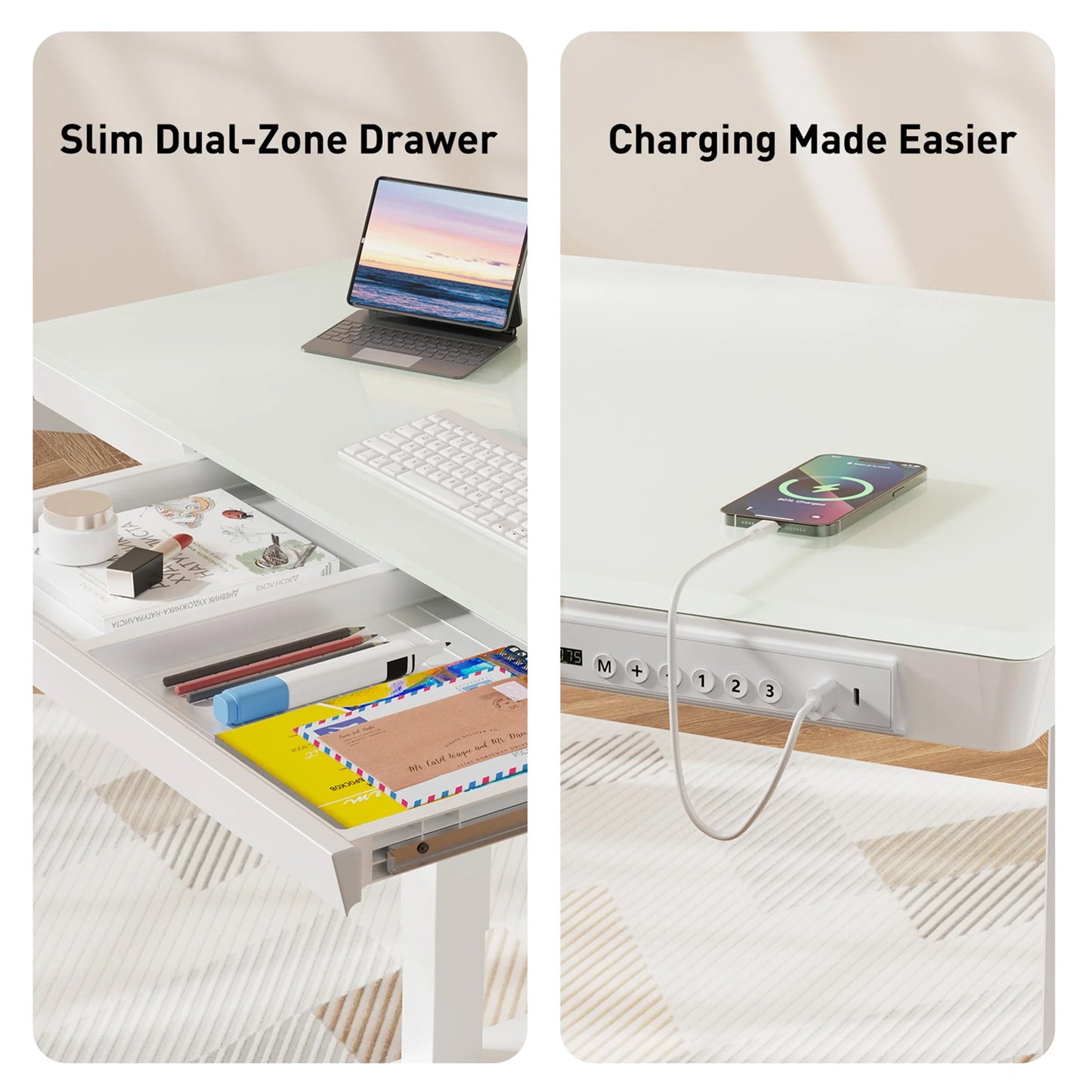 CHITOOMA Glass Top Electric Standing Desk with Drawer, 48'' x 24'' Electric Height Adjustable Desk with USB Charging Ports, Sit Stand up for Home Office