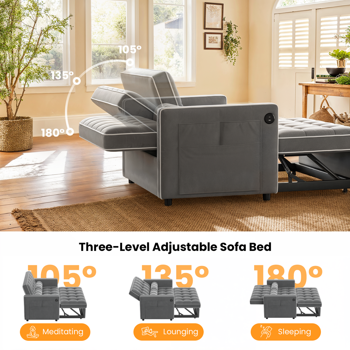 CHITOOMA 3 in 1 Pull Out Sofa Bed with Adjustable Backrest, 70" Convertible Loveseat Sleeper Couch with Charging Port, Side Pockets & Cylinder Pillows for Living Room Apartment, Gray