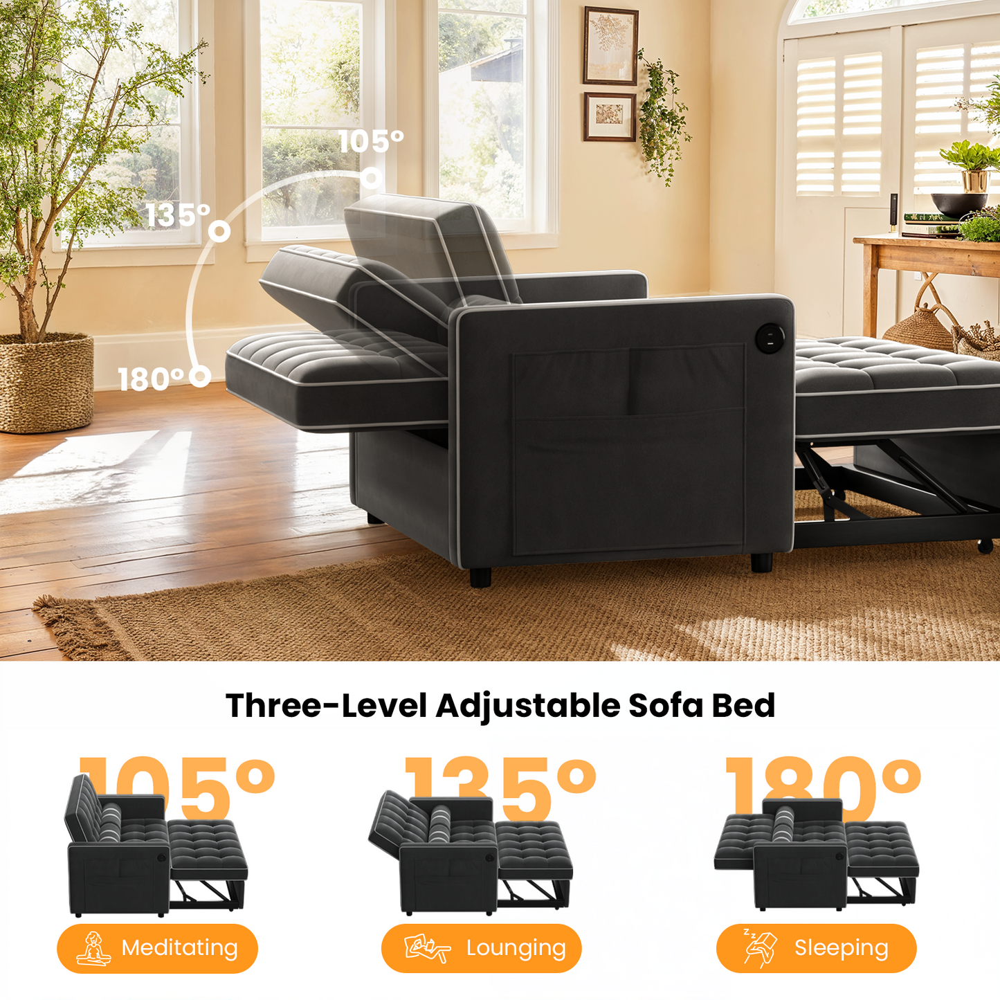 CHITOOMA 3 in 1 Pull Out Sofa Bed with Adjustable Backrest, 70" Convertible Loveseat Sleeper Couch with Charging Port, Side Pockets & Cylinder Pillows for Living Room Apartment, Black