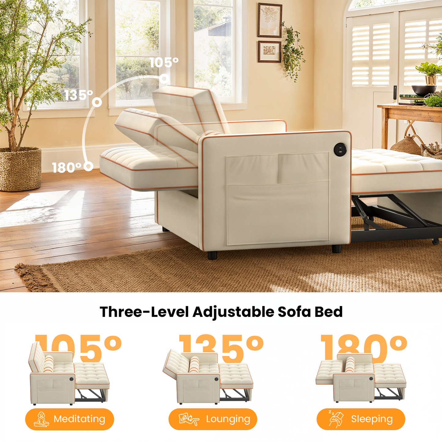 CHITOOMA 3 in 1 Pull Out Sofa Bed with Adjustable Backrest, 70" Convertible Loveseat Sleeper Couch with Charging Port, Side Pockets & Cylinder Pillows for Living Room Apartment, White