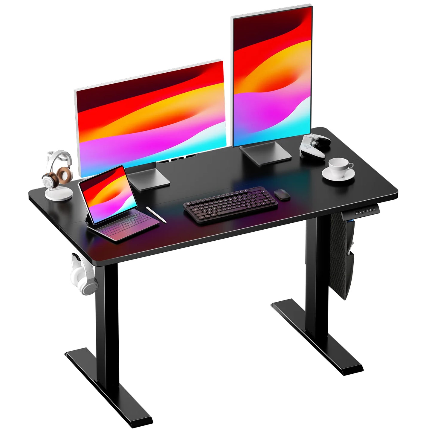 CHITOOMA Electric Standing Desk with Storage Bag, 48" x 24" Adjustable Height Sit to Stand Desk with 4 Memory Pre-Set, Headphone Hook for Home Office, Black