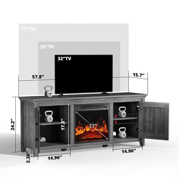 CHITOOMA Fireplace TV Stand with 2 Barn Doors and Storage Cabinets for TV up to 75 inch, Entertainment Center Console Table, Media Furniture for Living Room, Gray Wash
