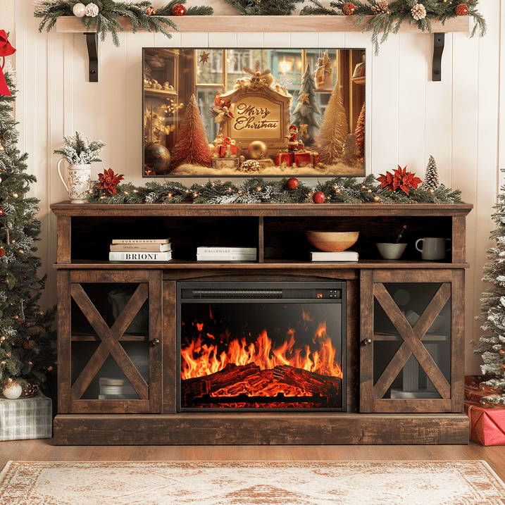 Electric Fireplace TV Stand for 75 inch TVs Farmhouse TV Console with 23″ Fireplace, Gray