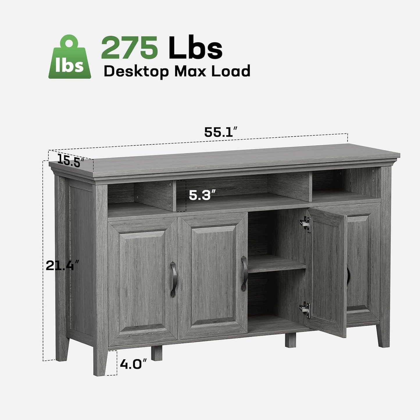 CHITOOMA 55" Sideboard Buffet Cabinet with Adjustable Shelves & 4 Doors, Modern Farmhouse Coffee Bar Cabinet for Kitchen Dinning Room, Gray
