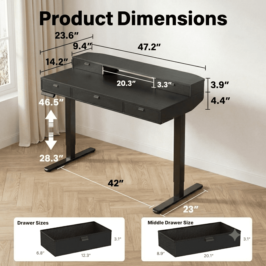 Electric Standing Desk with 5 Drawers, Monitor-Riser Design, 48" x 24" Height Adjustable Sit Stand Desk for Home Office, 4 Preset Pannel, Walnut