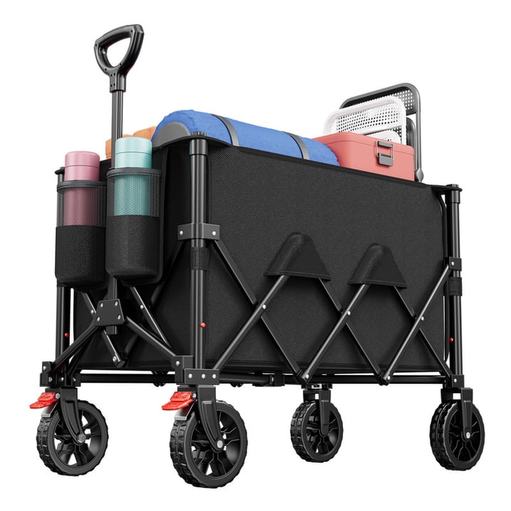CHITOOMA Wagon Cart Foldable, 350LBS Collapsible Wagon, 160L Large Capacity Utility Cart with Side Pocket for Camping, Shopping & Outdoor Activities
