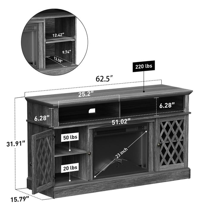 Farmhouse Fireplace TV Stand for 75 inch with LED Light, Adjustable Storage Shelves, Glass Doors, Media Entertainment Center with Fireplace for Living Room, Bedroom, Gray