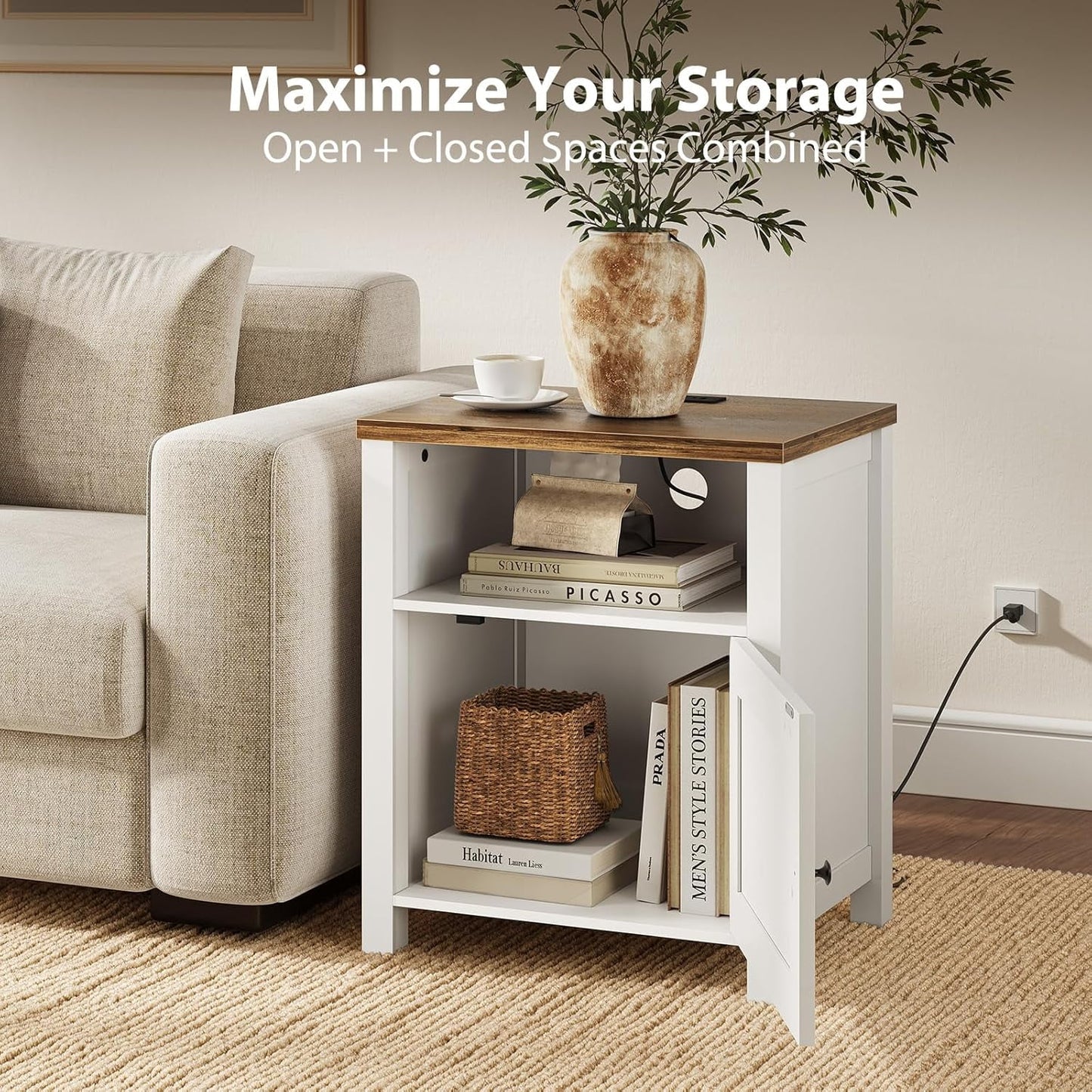 CHITOOMA Farmhouse Nightstands, Bedside Tables with Storage Cabinet, Open Shelf, Built-In USB and Power Outlets, White and Brown