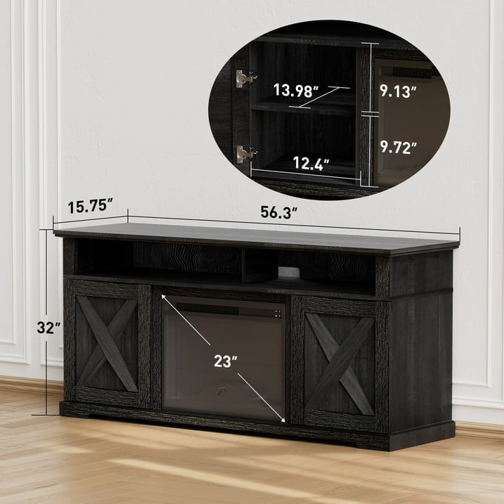 Fireplace TV Stand with Fireplace for 75 inch TV Farmhouse Entertainment Center with Storage, Black