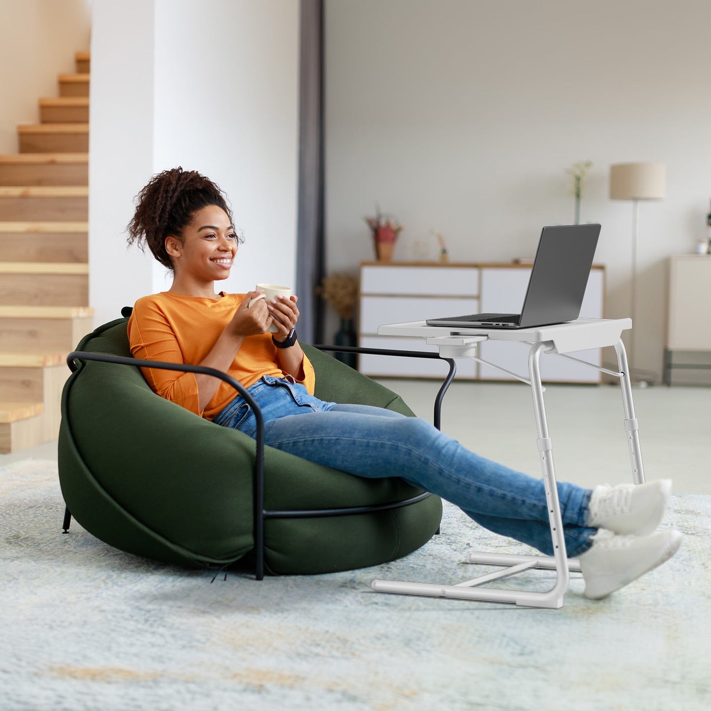 CHITOOMA TV Tray with Cup Holders, Portable C-Shaped Side Dinner Tray Table, Adjustable 6 Heights & 3 Tilt Angle for Living Room, Bedroom, White
