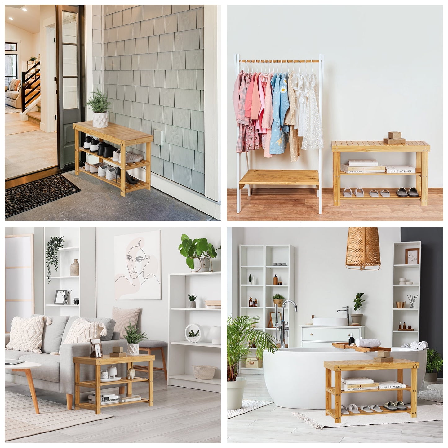 CHITOOMA 3 Tier Bamboo Shoe Storage Bench for Entryway, Wood Hallway Shoe Rack Shoe Organizer Shelf for Living Room Bedroom, Natural