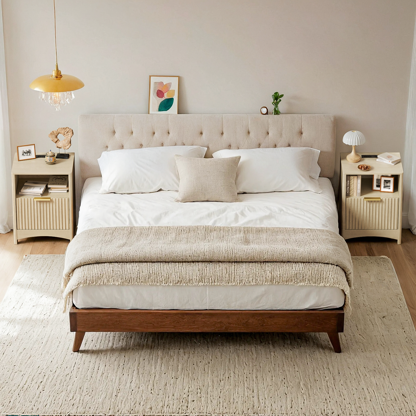 CHITOOMA Fluted Nightstand with Charging Station, Wood Bedside Table with Drawer & Open Shelf, Small End Table for Bedroom Living Room, Natural