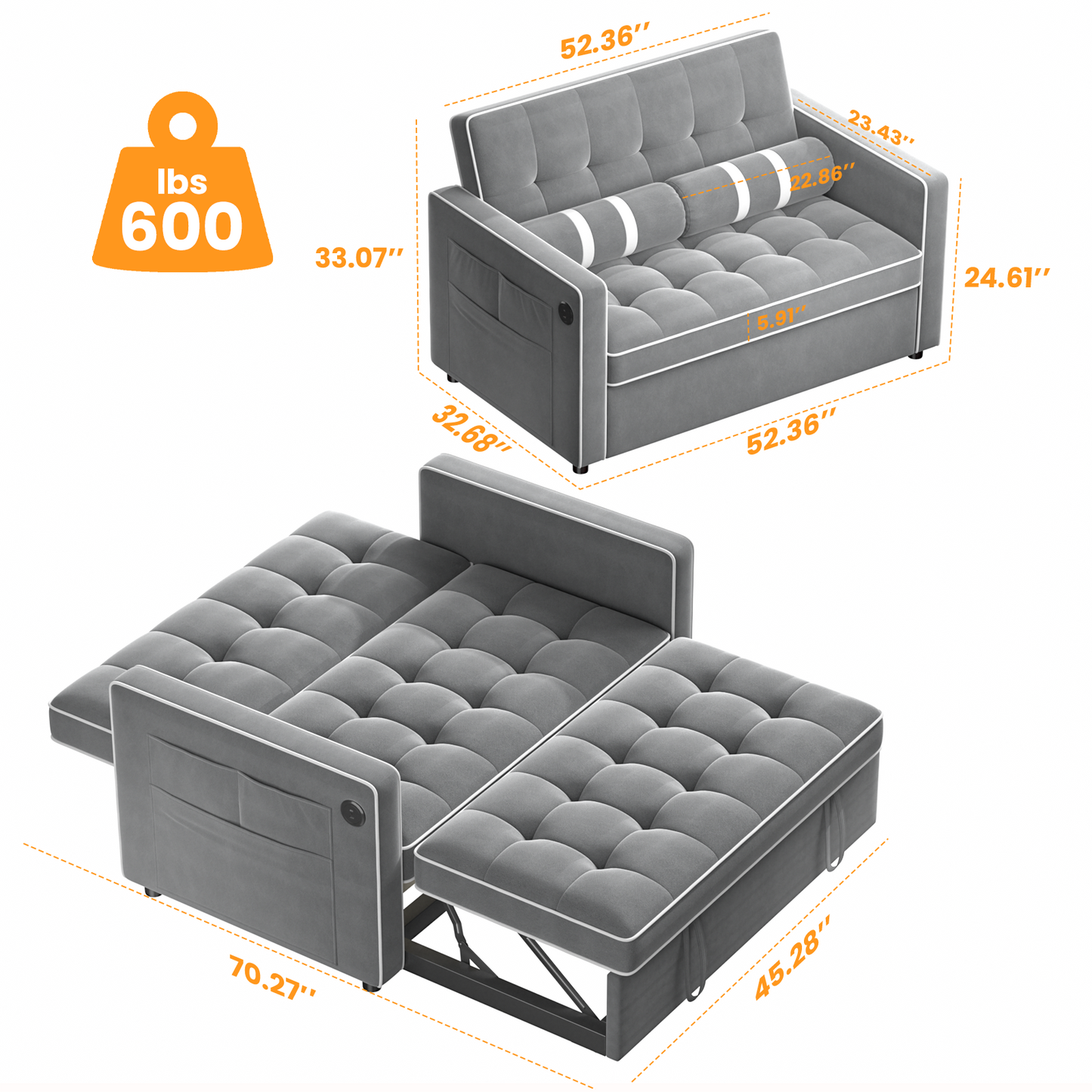 CHITOOMA 3 in 1 Pull Out Sofa Bed with Adjustable Backrest, 70" Convertible Loveseat Sleeper Couch with Charging Port, Side Pockets & Cylinder Pillows for Living Room Apartment, Gray