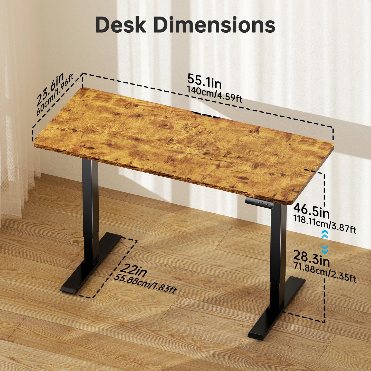 CHITOOMA 55" x 24" Electric Standing Desk, Adjustable Height Sit Stand Up Desk with 4 Memory Pre-Set, Home Office Gaming Desk with Headphone Hook, Vintage Brown