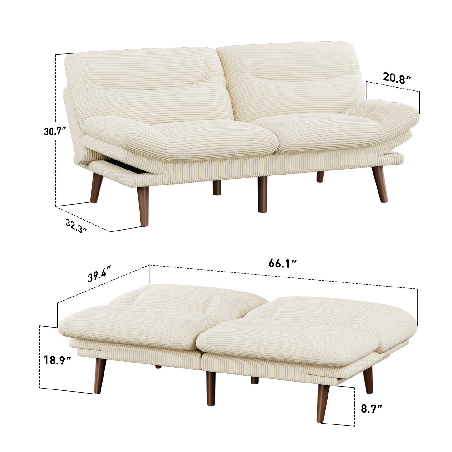 CHITOOMA 75" W Corduroy Futon Sofa Bed with Adjustable Backrest & Armrests, Comfy Convertible Futon Couch, Sleeper Sofa for Living Rooms Apartment Office, White