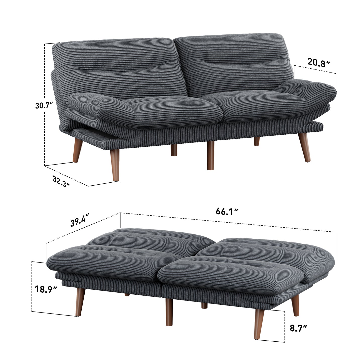 CHITOOMA 66'' Futon Sofa Bed with Adjustable Backrest & Armrests, Grey Corduroy Convertible Futon Couch, Comfy Loveseat for Small Spaces Apartment, Office