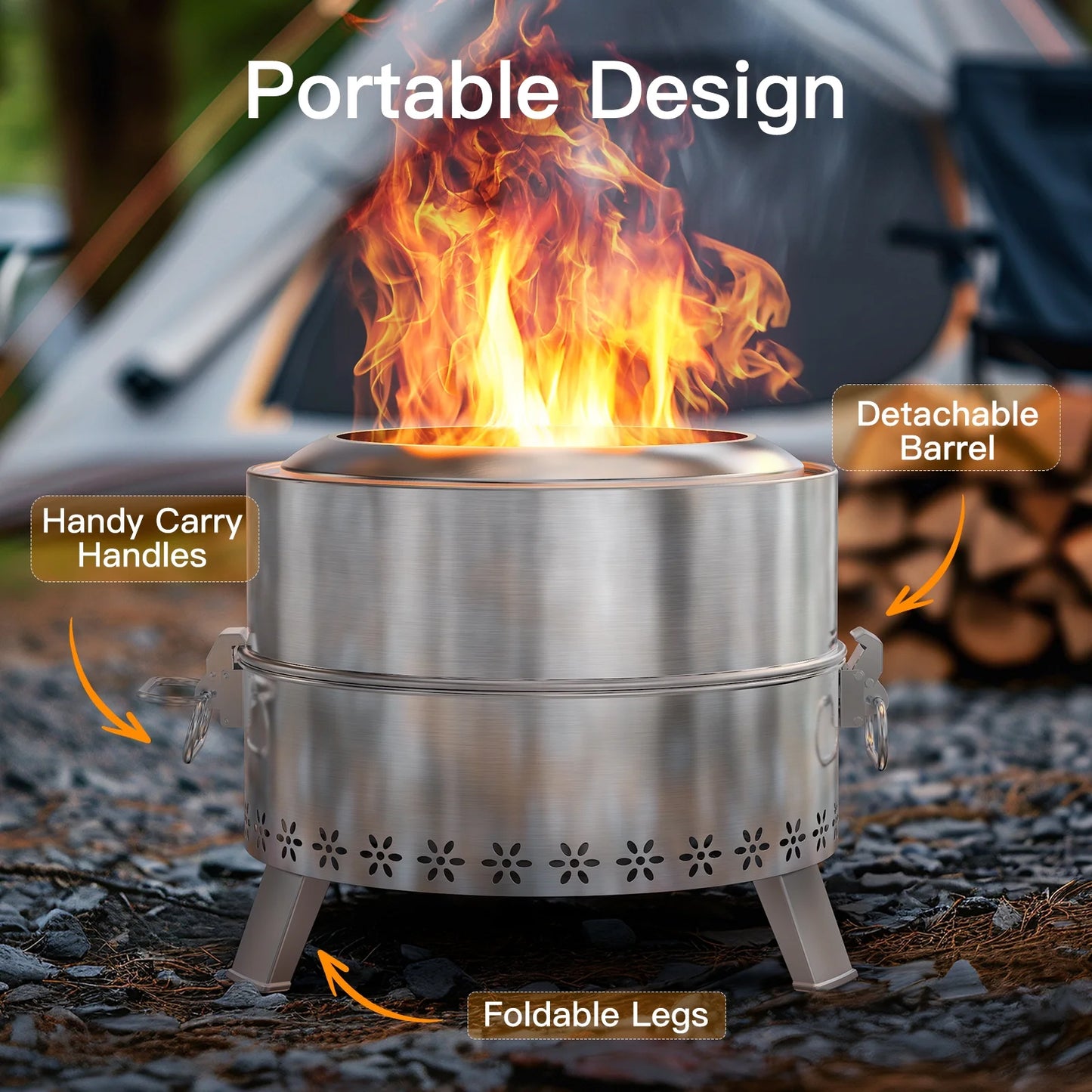 19" Smokeless Fire Pit for Outside, Stainless Steel Wood Burning Fire Pit with Foldable Legs, Grill, Poker, Carry Bag