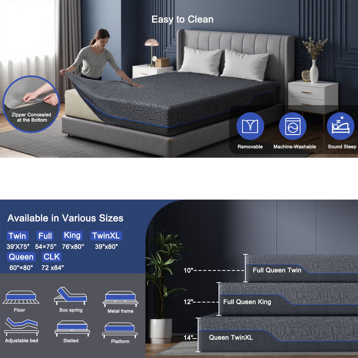 CHITOOMA Adjustable Bed Frame Split King with 14 Inch Gel Memory Foam Mattress, Electric Bed Base with Wireless Remote, Zero Gravity, Graphene Cover, Medium-Firm Support, Mattress in a Box