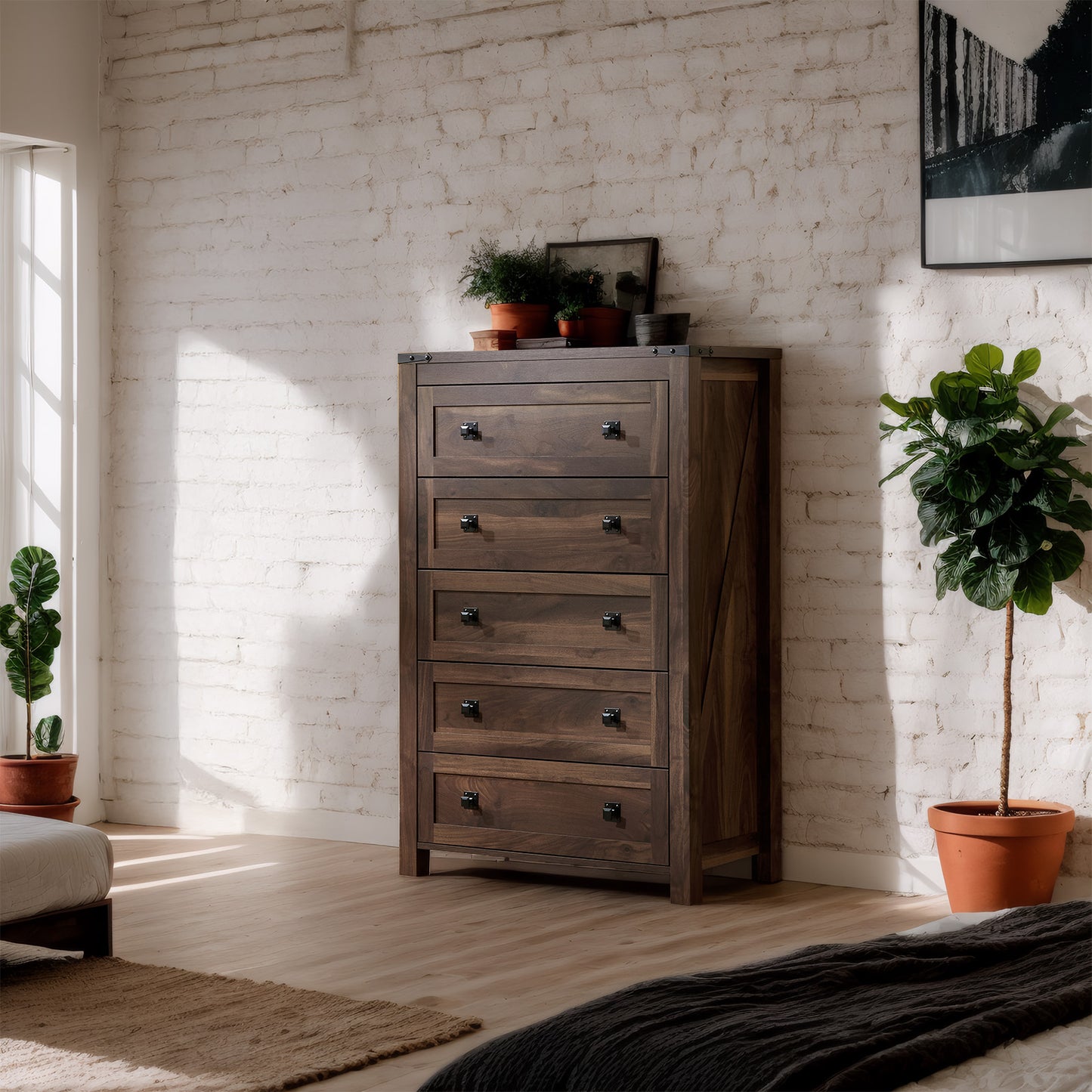 CHITOOMA 5 Drawer Dressers for Bedroom, Adult Tall Wooden Storage Cabine with Double Handle, Chest of Drawers for Living Room Hallway, Walnut
