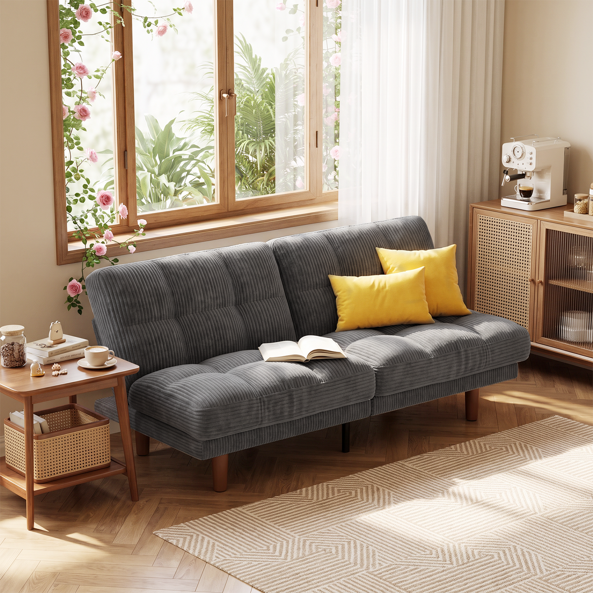 CHITOOMA 66" Futon Sofa Bed with Adjustable Backrest, Corduroy Convertible Futon Couch, Extra-Thick Cushion, Comfy Loveseat for Small Spaces, Apartment or Office, Gray