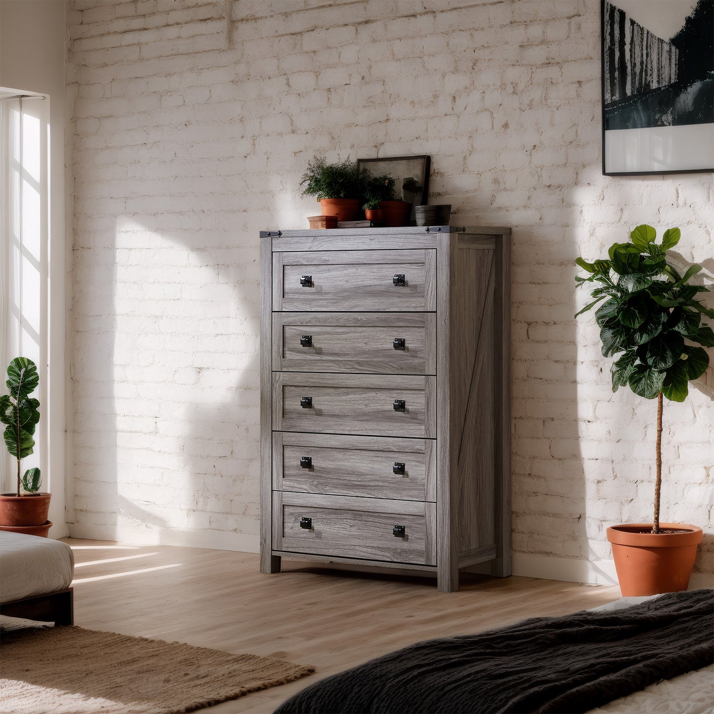 CHITOOMA 5 Drawer Dressers for Bedroom, Adult Tall Wooden Storage Cabine with Double Handle, Chest of Drawers for Living Room Hallway, Gray