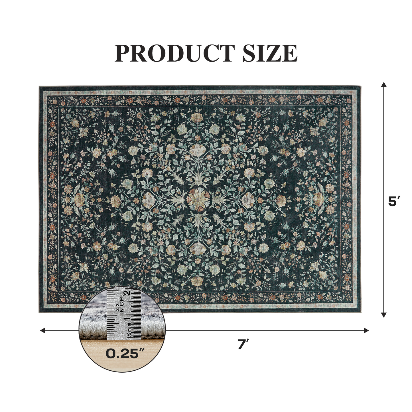 CHITOOMA 5'x7' Machine-washable Area Rugs for Living Room, Stain Resistant Non-Shed Carpet, Boho Floral Area Rugs with Non-Slip Backing for Bedroom, Dining Room, Dorm, Office