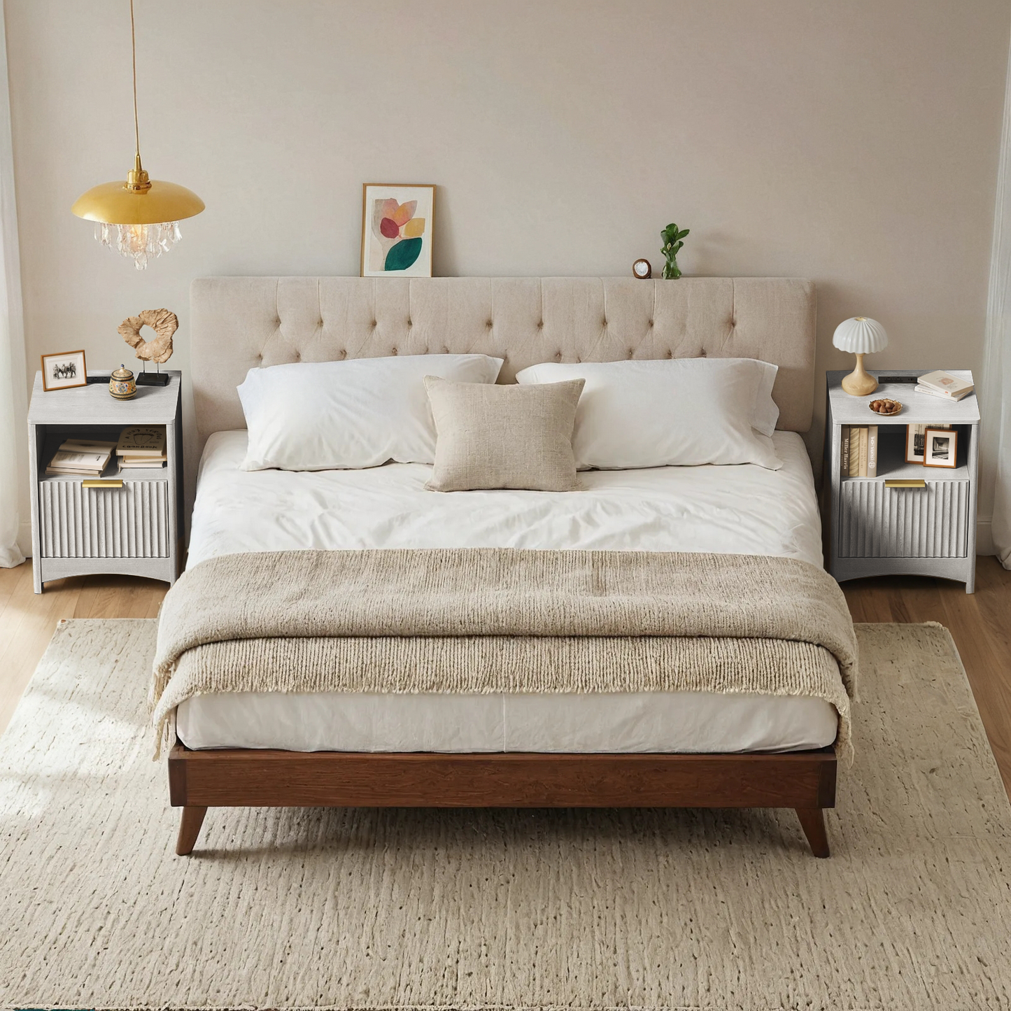 CHITOOMA Fluted Nightstand with Charging Station, Wood Bedside Table with Drawer & Open Shelf, Small End Table for Bedroom Living Room, Gray