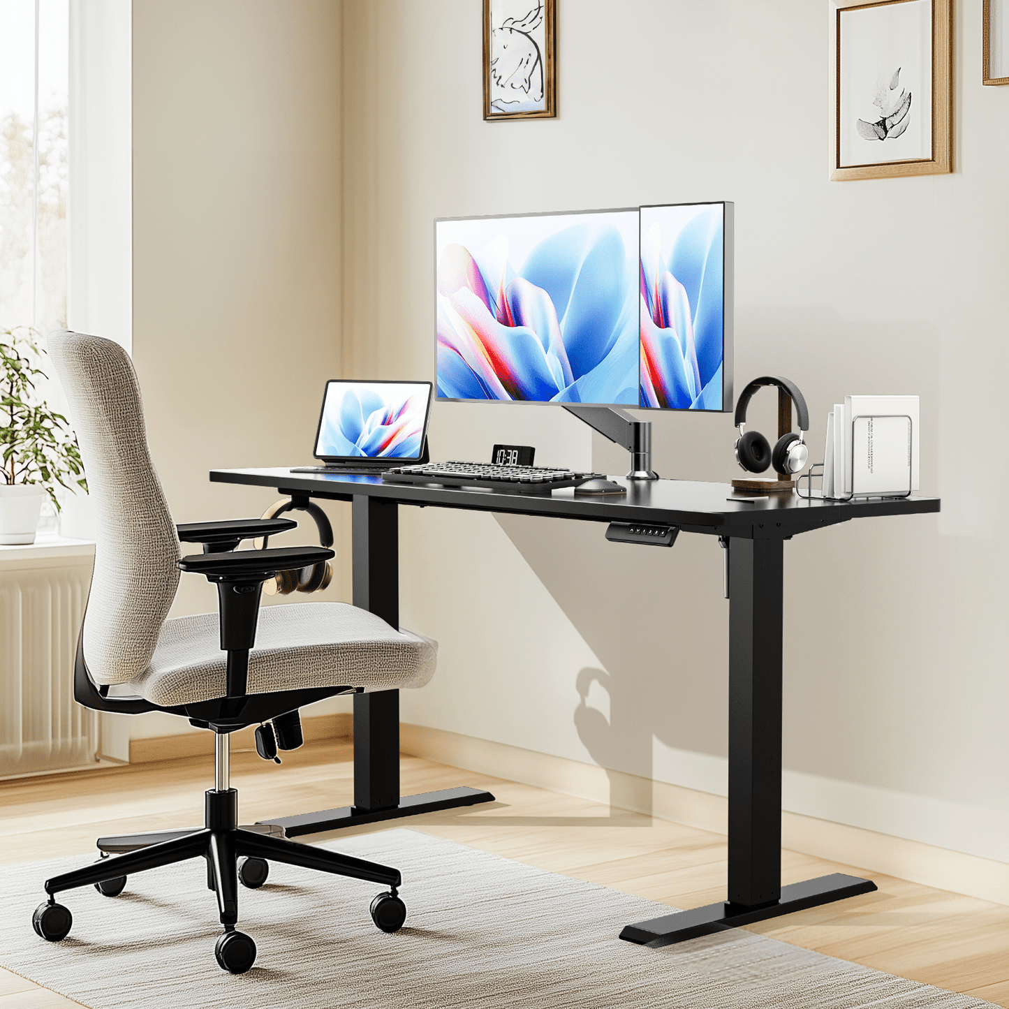 CHITOOMA 55" x 24" Electric Standing Desk with 4 Memory Preset Heights, Height Adjustable Sit Stand up Desk with Headphone Hook for Home Office, Black