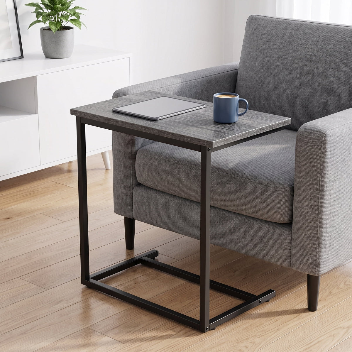 C Shaped End Table,Side Table TV Tray Table for Sofa,Couch Table,metal frame for Bedroom(Grey)