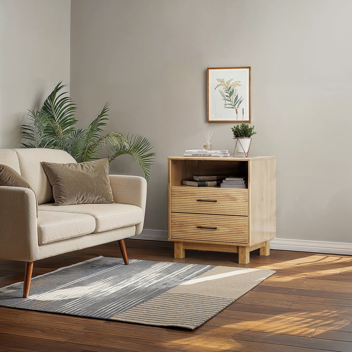 CHITOOMA 2-Drawer Nightstand with Open Shelf, Wood Fluted Bedside Table with Storage, Small End Table for Bedroom Living Room, Natural