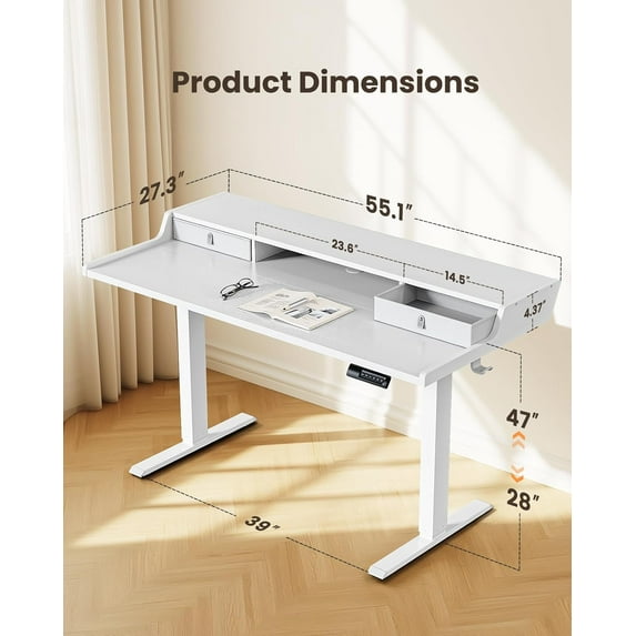 CHITOOMA 55″ x 28″ Electric Standing Desk with Drawers, Height Adjustable Gaming Desk with Monitor Stand & Storage Shelf, 4 Preset Heights for Home Office, White