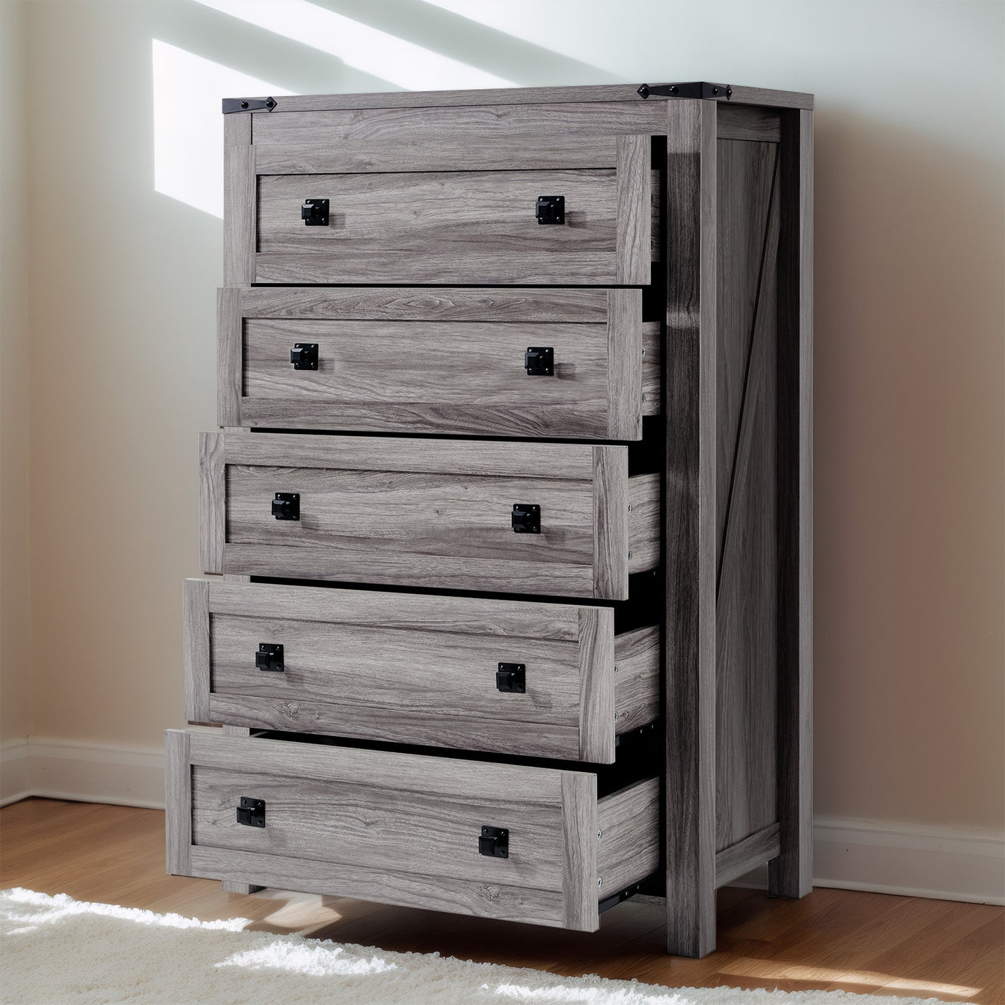 CHITOOMA 5 Drawer Dressers for Bedroom, Adult Tall Wooden Storage Cabine with Double Handle, Chest of Drawers for Living Room Hallway, Gray