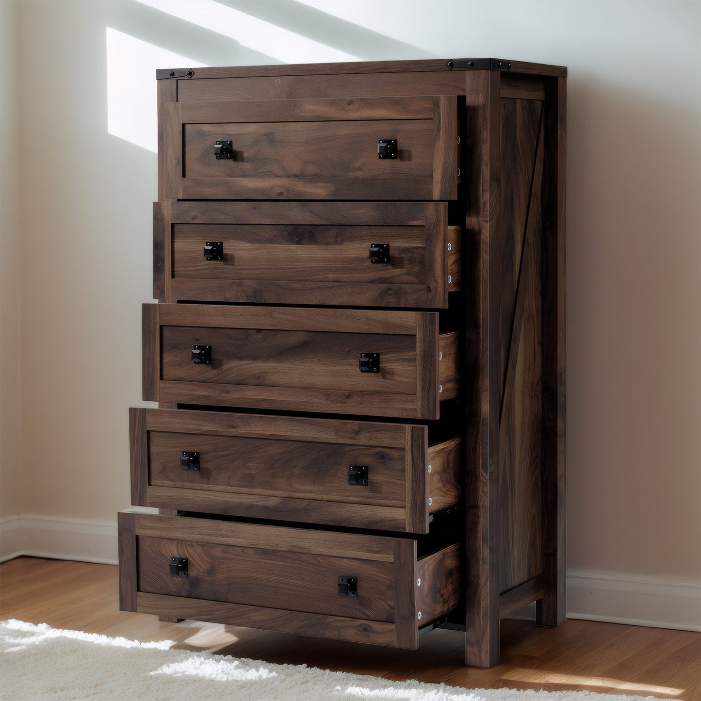 CHITOOMA 5 Drawer Dressers for Bedroom, Adult Tall Wooden Storage Cabine with Double Handle, Chest of Drawers for Living Room Hallway, Walnut