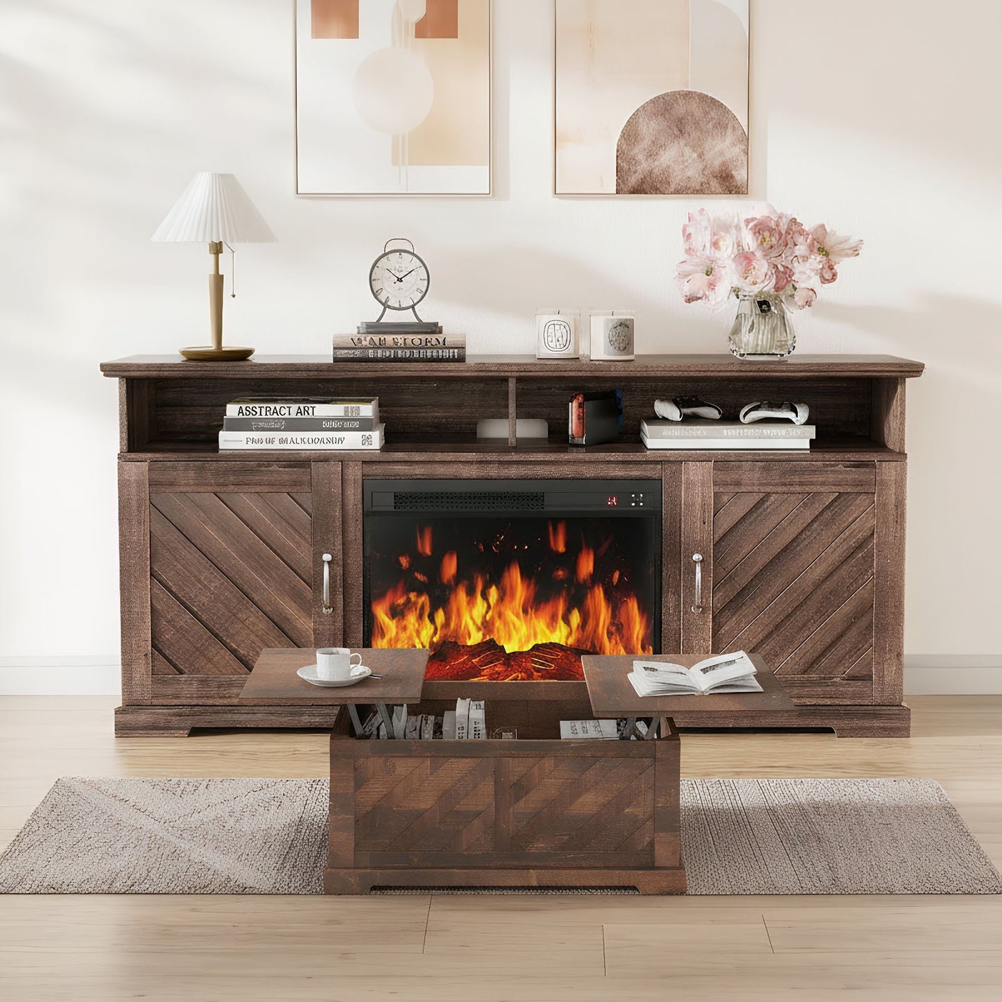 CHITOOMA 75" Fireplace TV Stand and Coffee Table Combo, Farmhouse Entertainment Center with 23" Electric Fireplace for Living Room, Bedroom, Vintage Brown