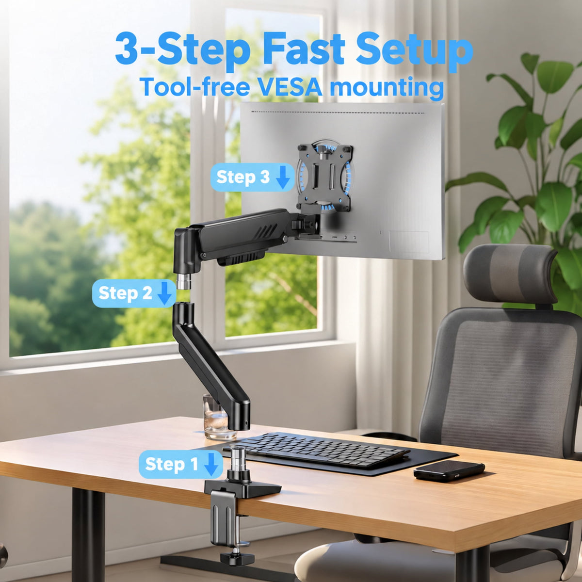 Kyspho Single Monitor Arm for 13" to 34 " Screens, Holds 19.8 lbs, Max 100x100mm, Monitor Stand with C-Clamp Tool-Free Mount, Cable Management, Adjustability for Swivel,Tilt and Rotation