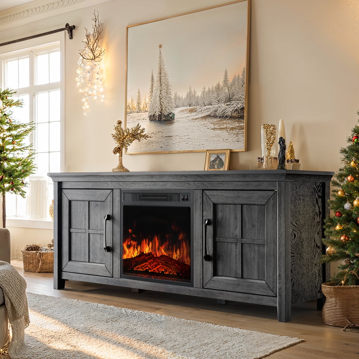 CHITOOMA Fireplace TV Stand with 2 Barn Doors and Storage Cabinets for TV up to 75 inch, Entertainment Center Console Table, Media Furniture for Living Room, Gray Wash